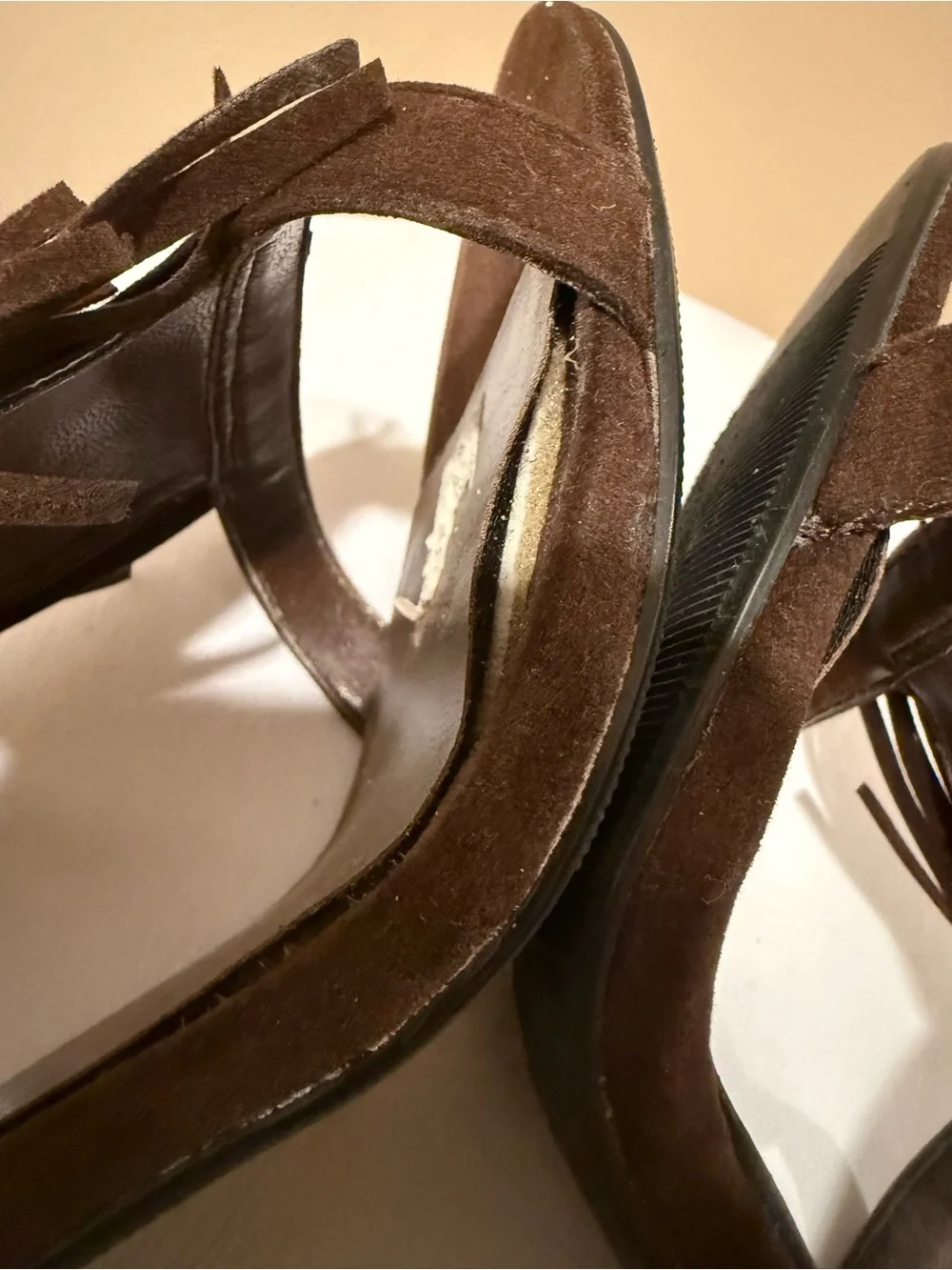 Delicious Brown Suede Multi-Tiered Fringe High Heel Sandals Size 9